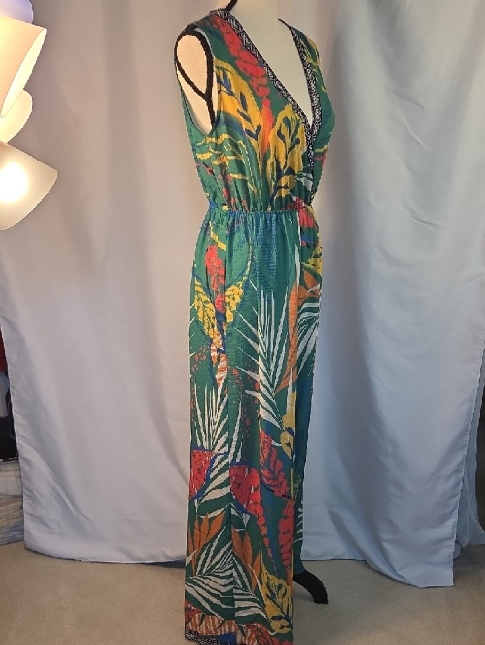 Flying Tomato Green Tropical Print Jumpsuit with Yellow & Red Accents *no belt